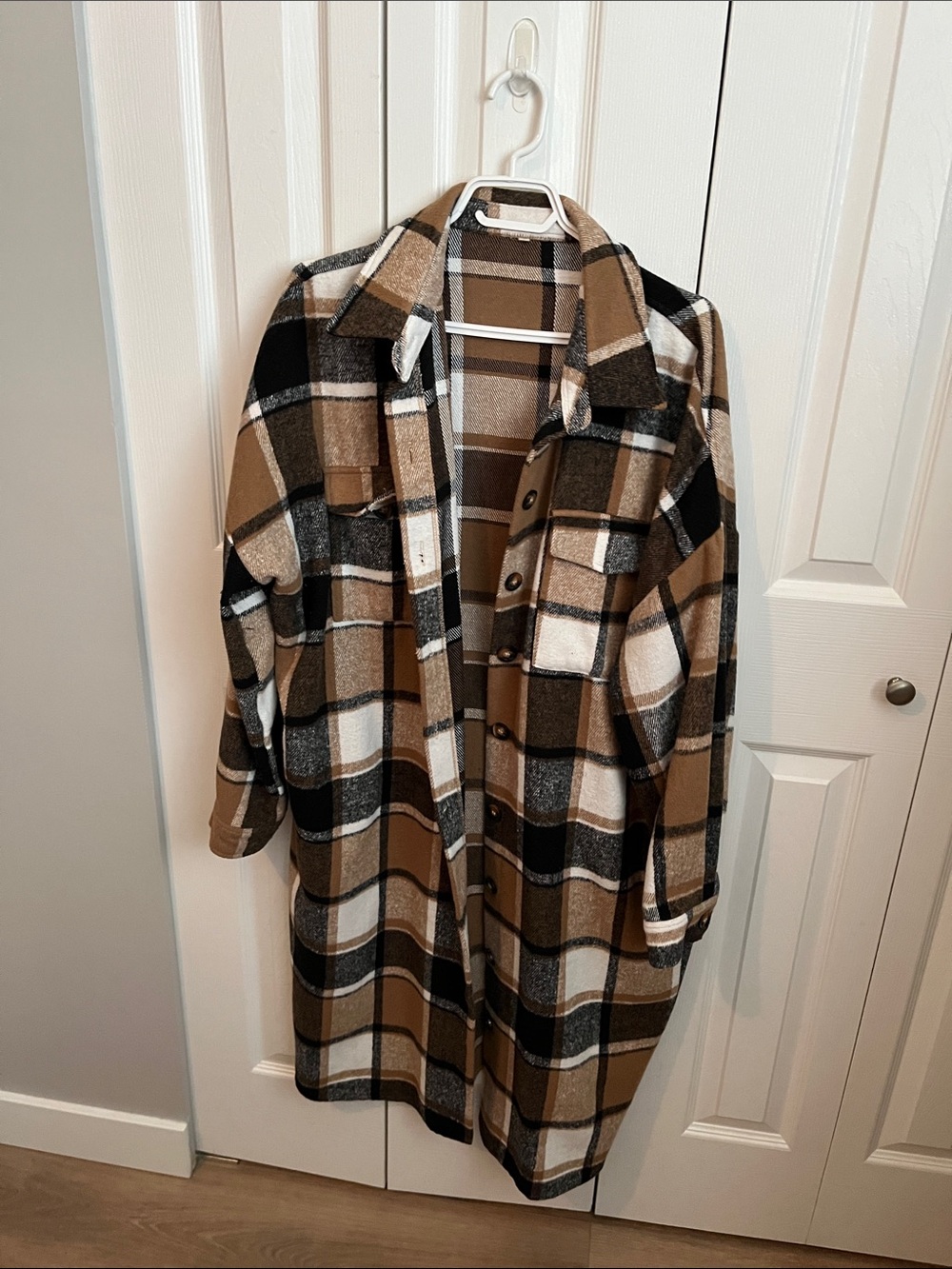 Amazon Plaid Trench Coat in Brown, Black & White
